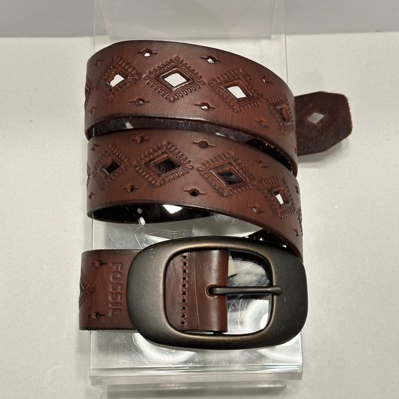 Fossil Brown Leather Belt Geometric Diamond Cutout Western Boho Brass Buckle S‎ main image 8
